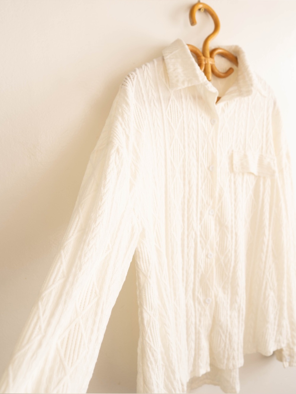 Vintage 90s Ivory Textured Button Front Blouse Geometric Jacquard Shirt